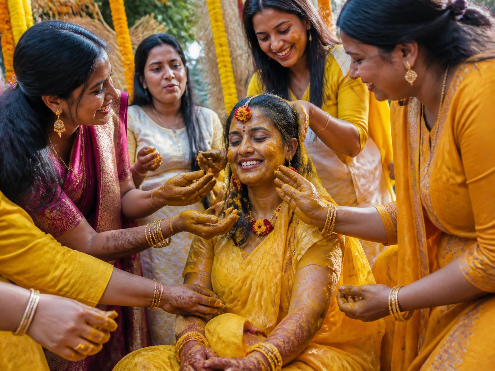 Turmeric thrown in the air during a haldi ceremony