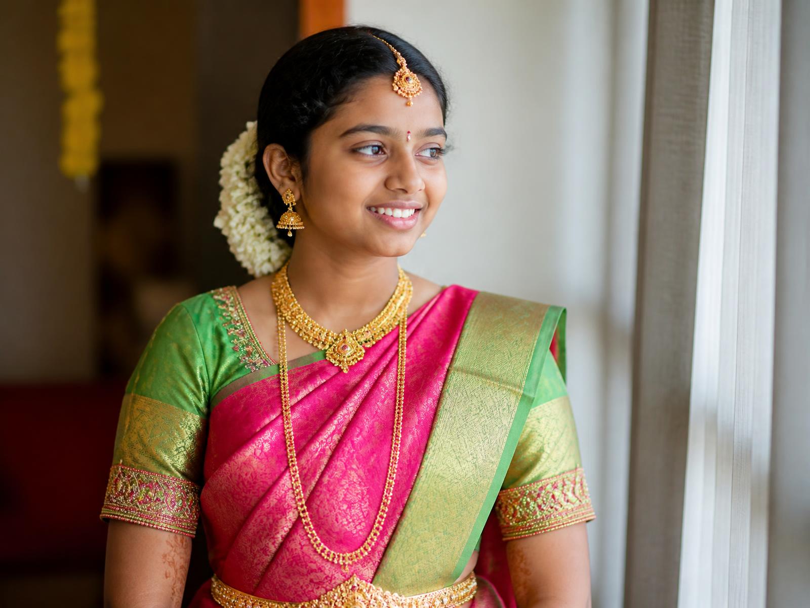 Half saree ceremony portrait with jasmine flowers