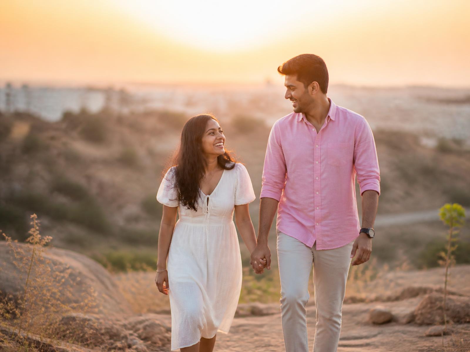 Couple silhouette at golden hour on rocky terrain
